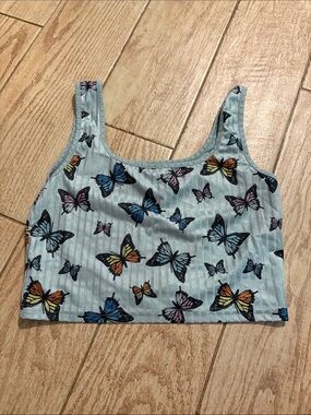 Butterfly Print Ribbed Crop Tank Top